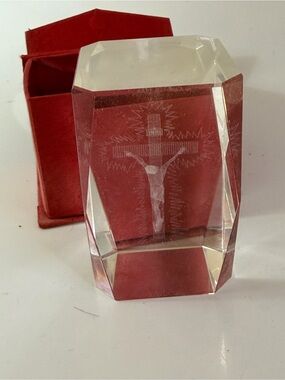 Vintage 3D laser-etched crystal paperweight showing Jesus on cross, with box